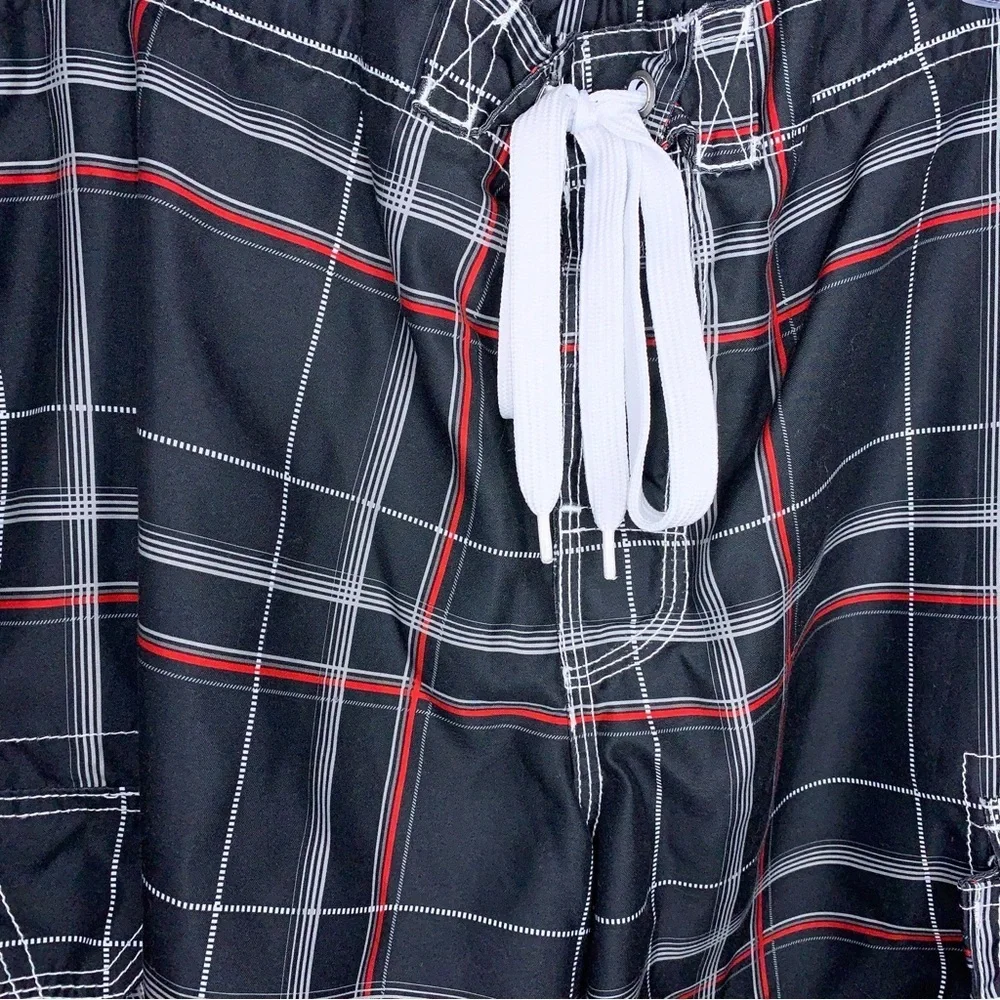 Medium OP Swim Board Trunks Shorts Black White Red Plaid Cargo Pockets